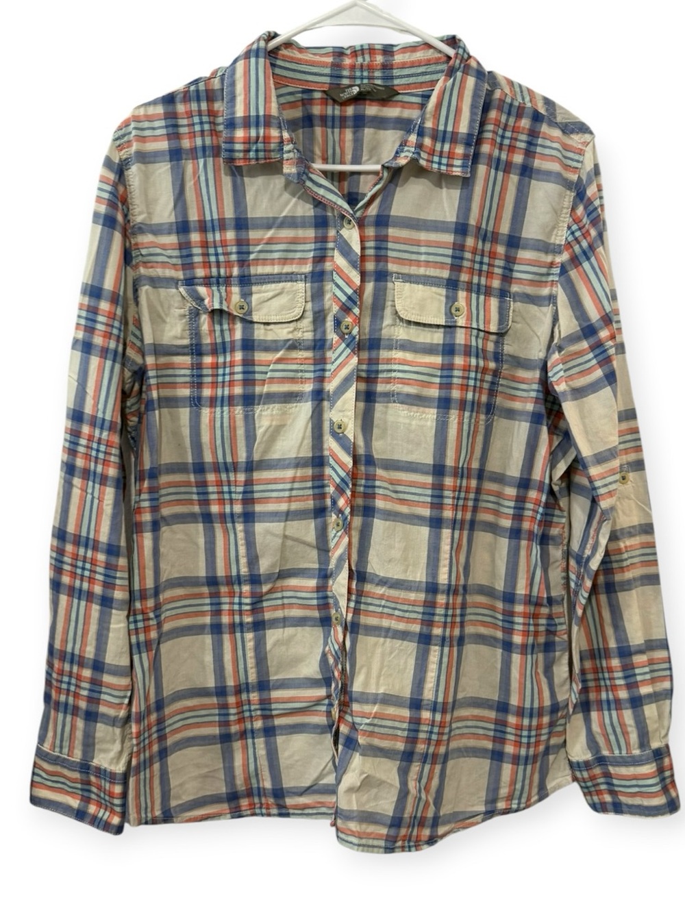 The North Face XL Blue Red Plaid Cotton Button Down Shirt Roll Tab Sleeves